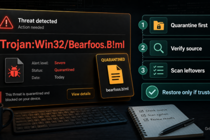 Trojan:Win32/Bearfoos.B!ml alert with quarantine, source verification, leftover scan, and safe restore decision.