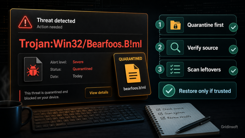 Trojan:Win32/Bearfoos.B!ml: False Positive or Malware? 1 Trojan:Win32/Bearfoos.B!ml alert with quarantine, source verification, leftover scan, and safe restore decision.