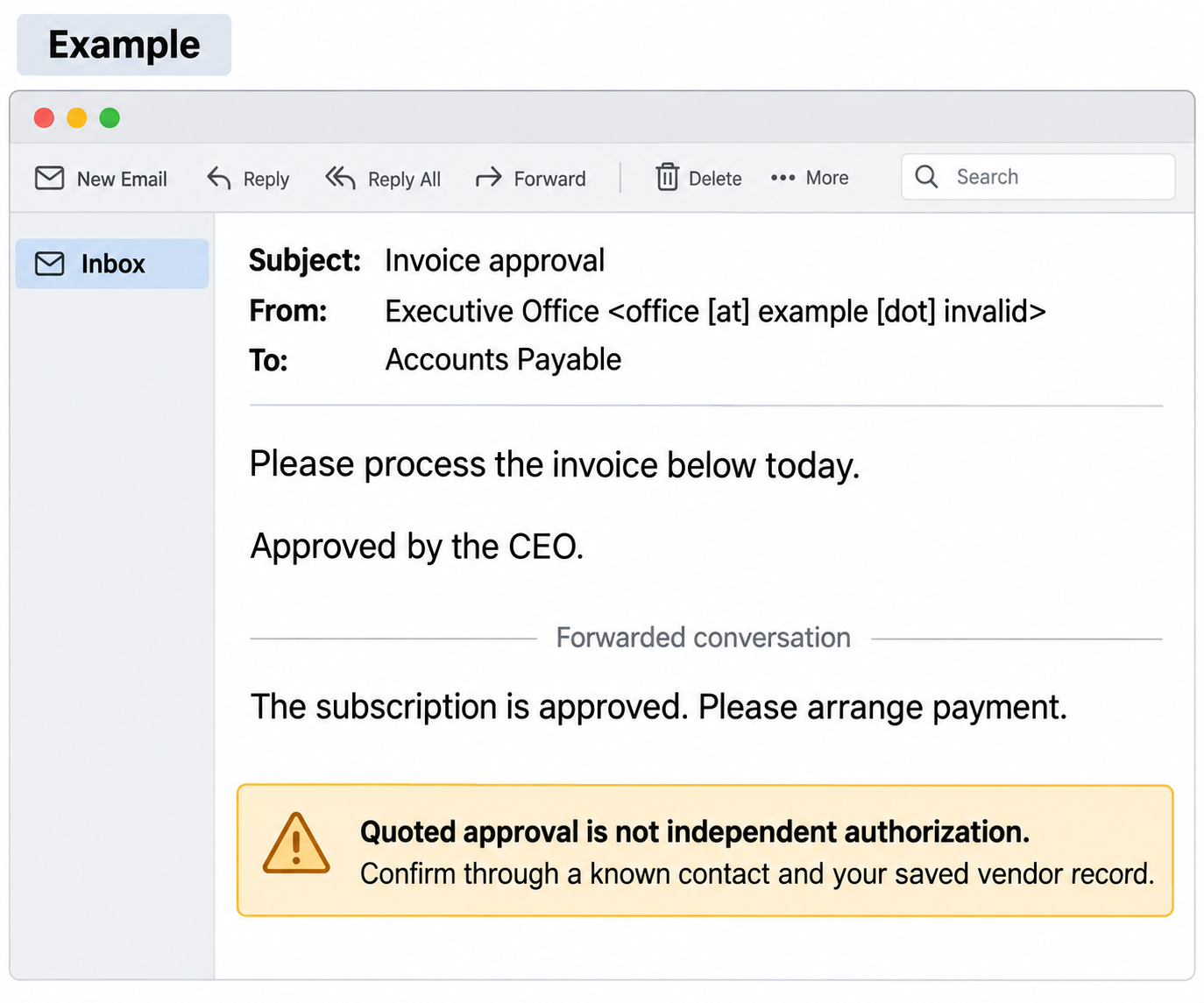 Example invoice email with quoted CEO approval and a reminder to verify through a known contact.