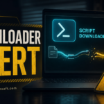 PowerShell-style downloader alert showing a hidden script pulling a malware payload.