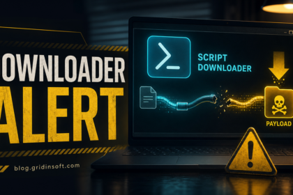 PowerShell-style downloader alert showing a hidden script pulling a malware payload.