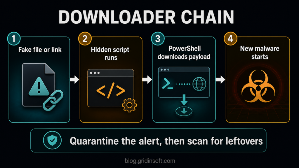 Trojan:Script/Downloader!MSR: Meaning and Removal Guide 3 Diagram showing a fake file, hidden script, PowerShell payload download, and malware execution.