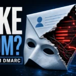 Fake From email spoofing poster with SPF, DKIM, and DMARC checkpoints.
