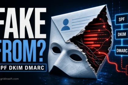 Fake From email spoofing poster with SPF, DKIM, and DMARC checkpoints.