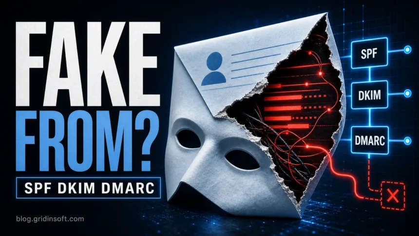 Fake From email spoofing poster with SPF, DKIM, and DMARC checkpoints.