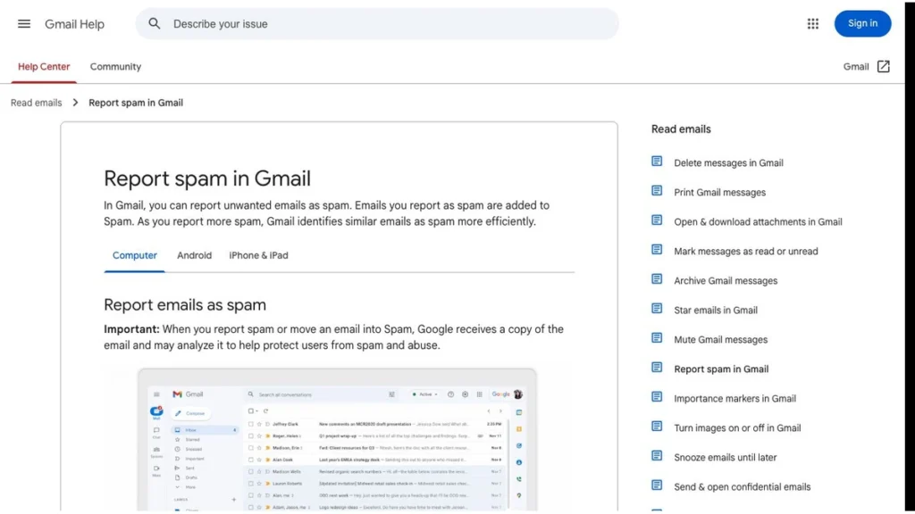Real Gmail Help screenshot explaining how to report spam in Gmail.