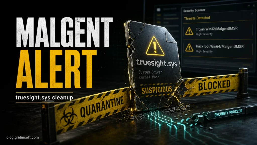 Malgent alert poster showing truesight.sys blocked for cleanup.