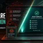 Malware protection poster showing an infected PC cleaned and verified after a scan.