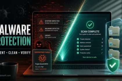 Malware protection poster showing an infected PC cleaned and verified after a scan.