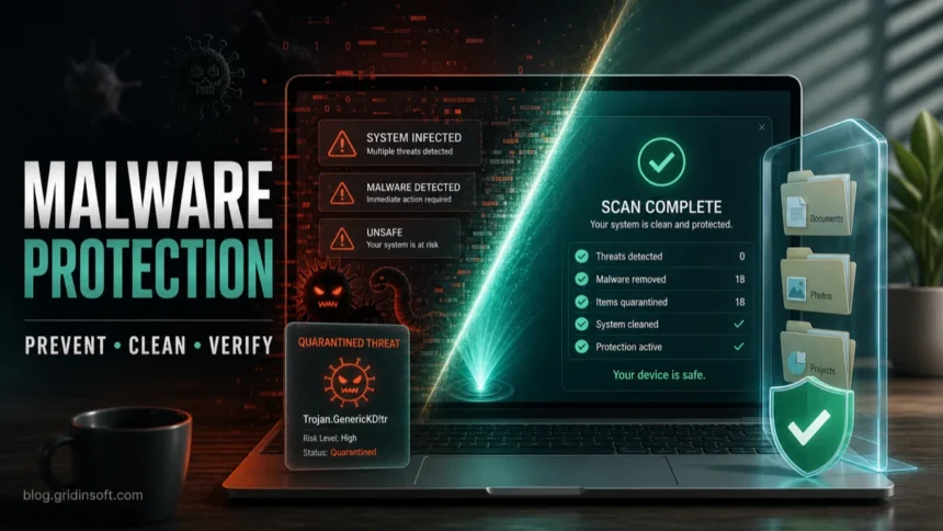 Malware Protection: Benefits and Cleanup Steps 1 Malware protection poster showing an infected PC cleaned and verified after a scan.