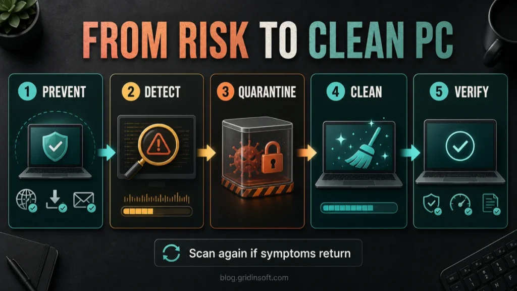 Malware Protection: Benefits and Cleanup Steps 2 Diagram showing malware protection stages: prevent, detect, quarantine, clean, and verify.