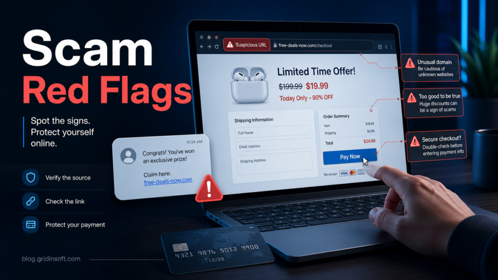 Scam red flags poster showing suspicious URL, fake deal, payment warning, and online scam signs.