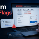 Scam red flags poster showing suspicious URL, fake deal, payment warning, and online scam signs.