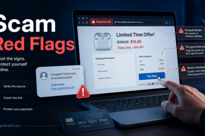 Scam red flags poster showing suspicious URL, fake deal, payment warning, and online scam signs.