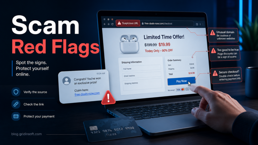 Scam red flags poster showing suspicious URL, fake deal, payment warning, and online scam signs.