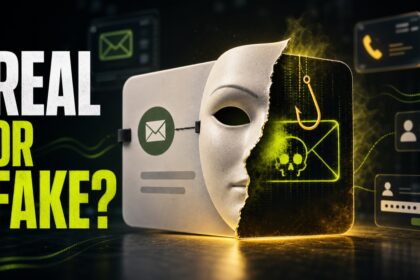 Masked email card asking real or fake to illustrate phishing versus spoofing