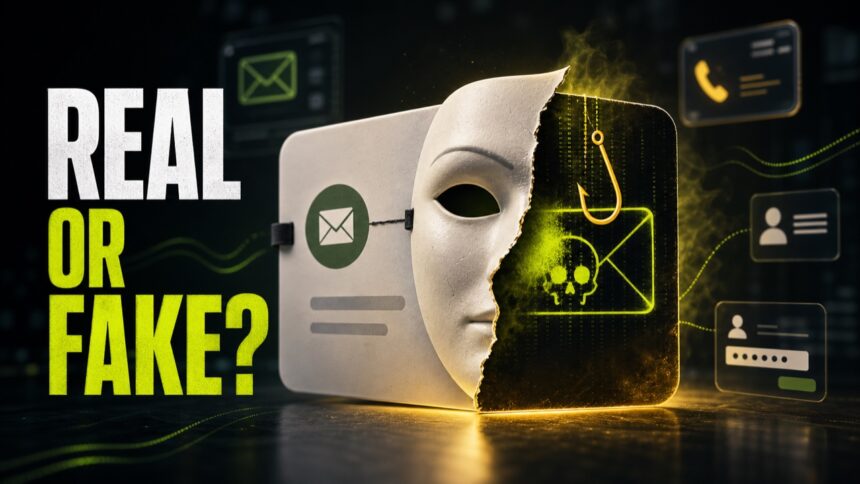 Phishing vs Spoofing: Difference, Examples, and Safe Checks 1 Masked email card asking real or fake to illustrate phishing versus spoofing
