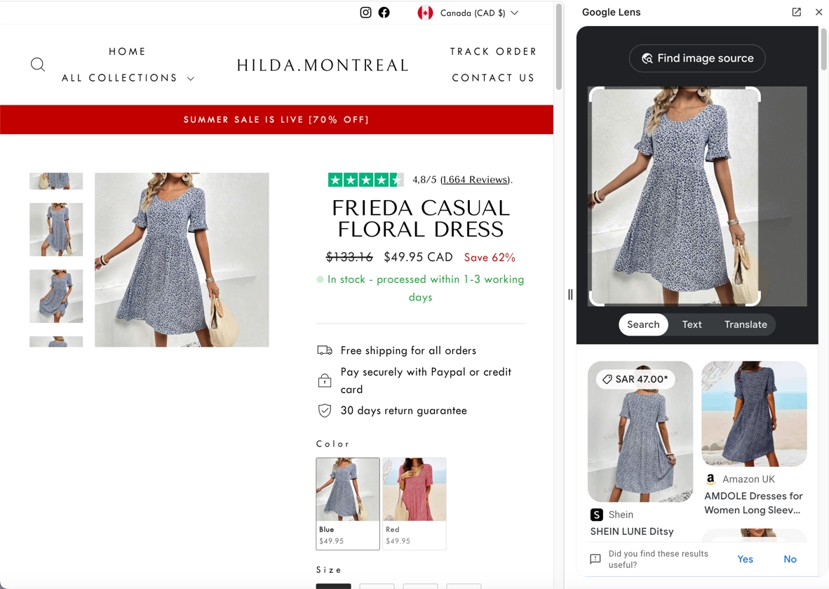 Reverse image search showing a copied product photo used by a fake online store.
