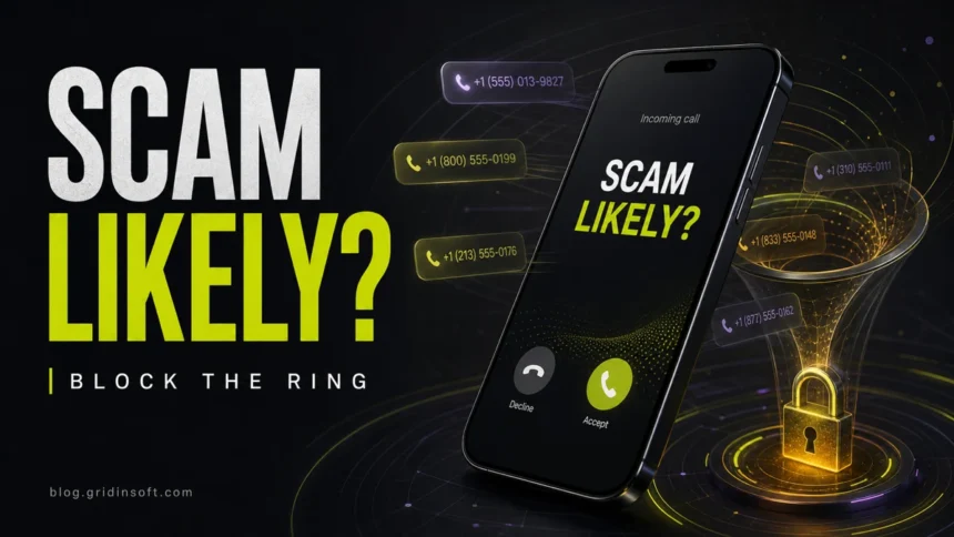 Scam Likely incoming call blocked by a carrier and phone filtering trap.