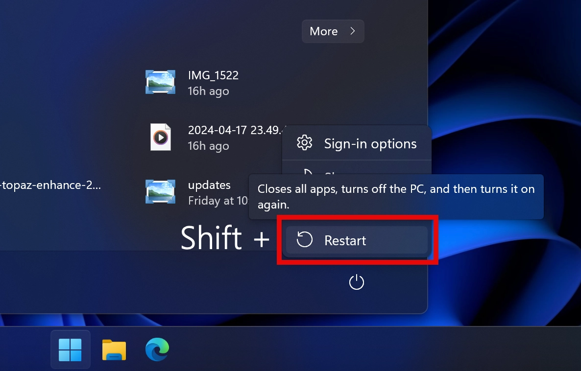 Shift and Restart Windows Recovery menu