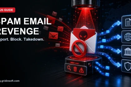 Spam email revenge guide showing a malicious email being blocked and reported to official channels.