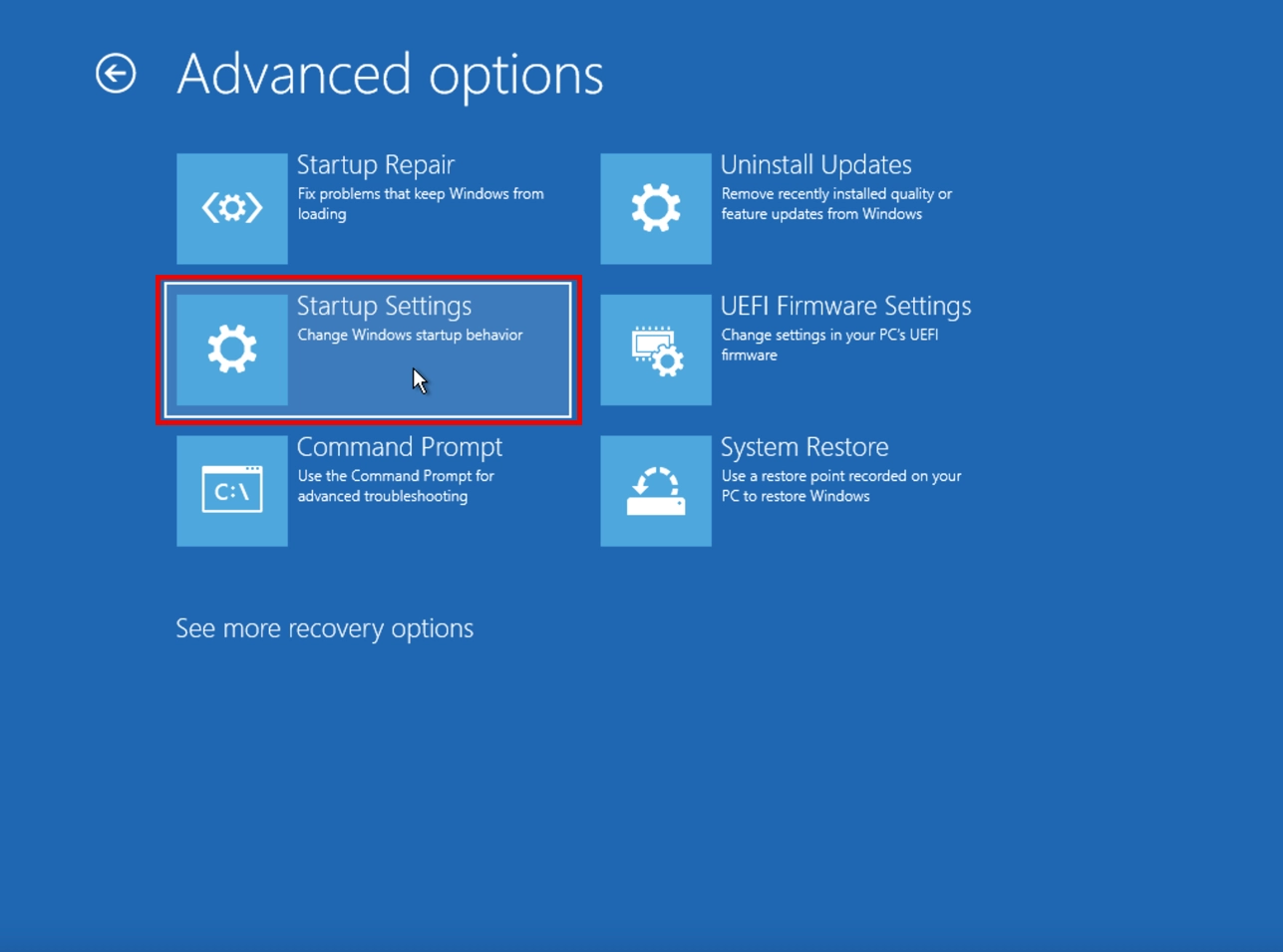 Windows recovery Advanced options screen