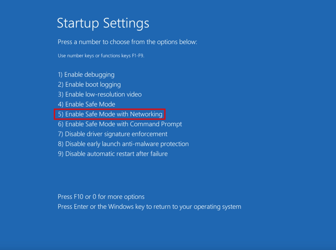 Startup Settings screen with Safe Mode options