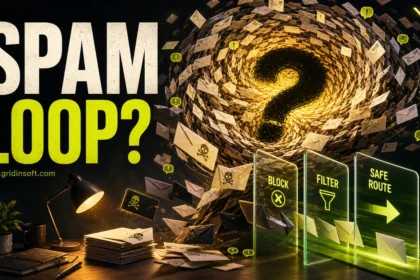 Spam email loop poster with envelopes routed through block, filter, and safe route controls.
