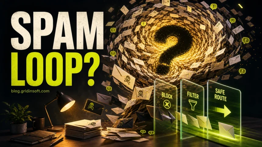 How to Stop Spam Emails: Causes, Prevention, and Safe Cleanup 1 Spam email loop poster with envelopes routed through block, filter, and safe route controls.