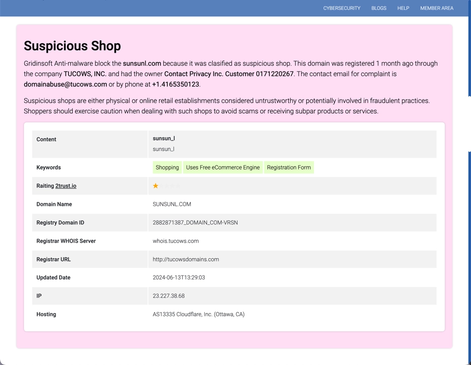 Gridinsoft website reputation checker showing a suspicious online-store domain.