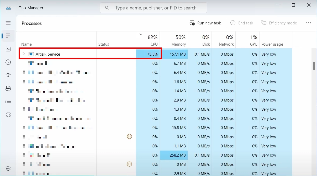 Altisik Service in Task Manager using system resources