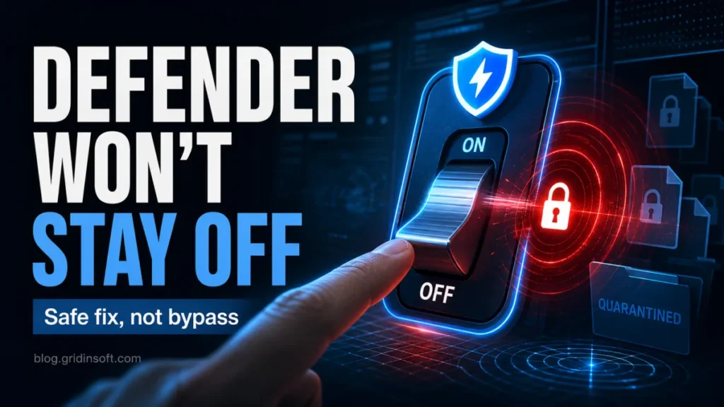 Microsoft Defender real-time protection switch snapping back on with quarantine warnings.