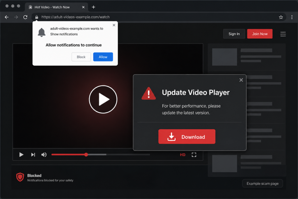 Example fake adult-site notification and video player update scam prompt.