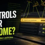 Editorial poster showing Chrome controlled by hidden policies, extensions, registry entries, and apps.