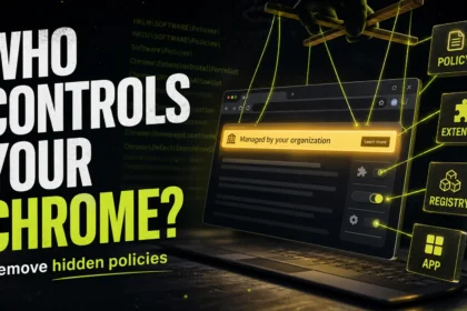 Editorial poster showing Chrome controlled by hidden policies, extensions, registry entries, and apps.