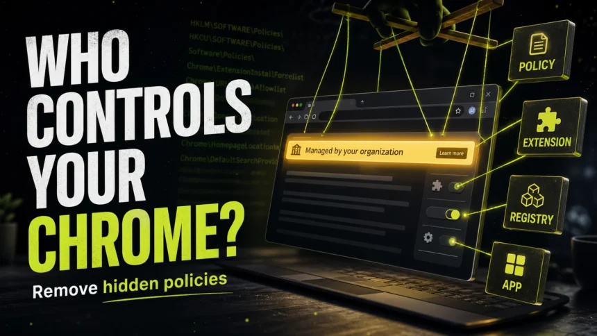 Editorial poster showing Chrome controlled by hidden policies, extensions, registry entries, and apps.