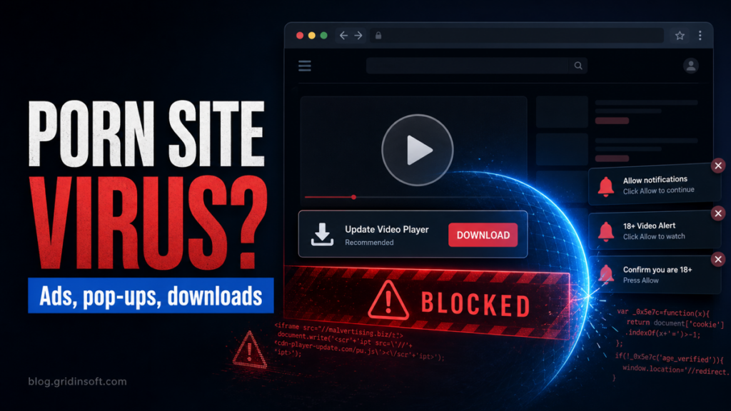 Editorial poster showing a fake adult-site video player download and notification scam blocked by security controls.