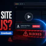 Editorial poster showing a fake adult-site video player download and notification scam blocked by security controls.