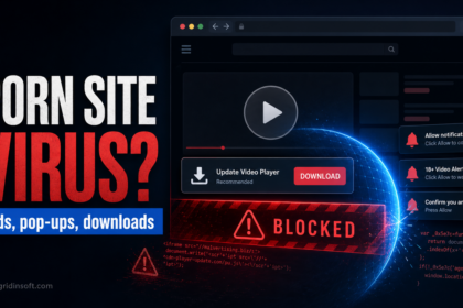 Editorial poster showing a fake adult-site video player download and notification scam blocked by security controls.