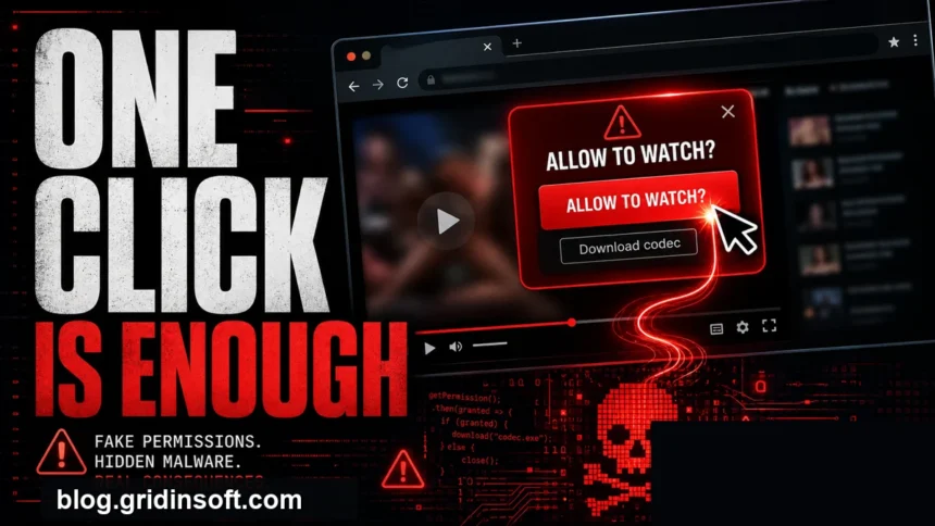 Poster showing a fake adult-site Allow prompt and codec download leading to malware risk.