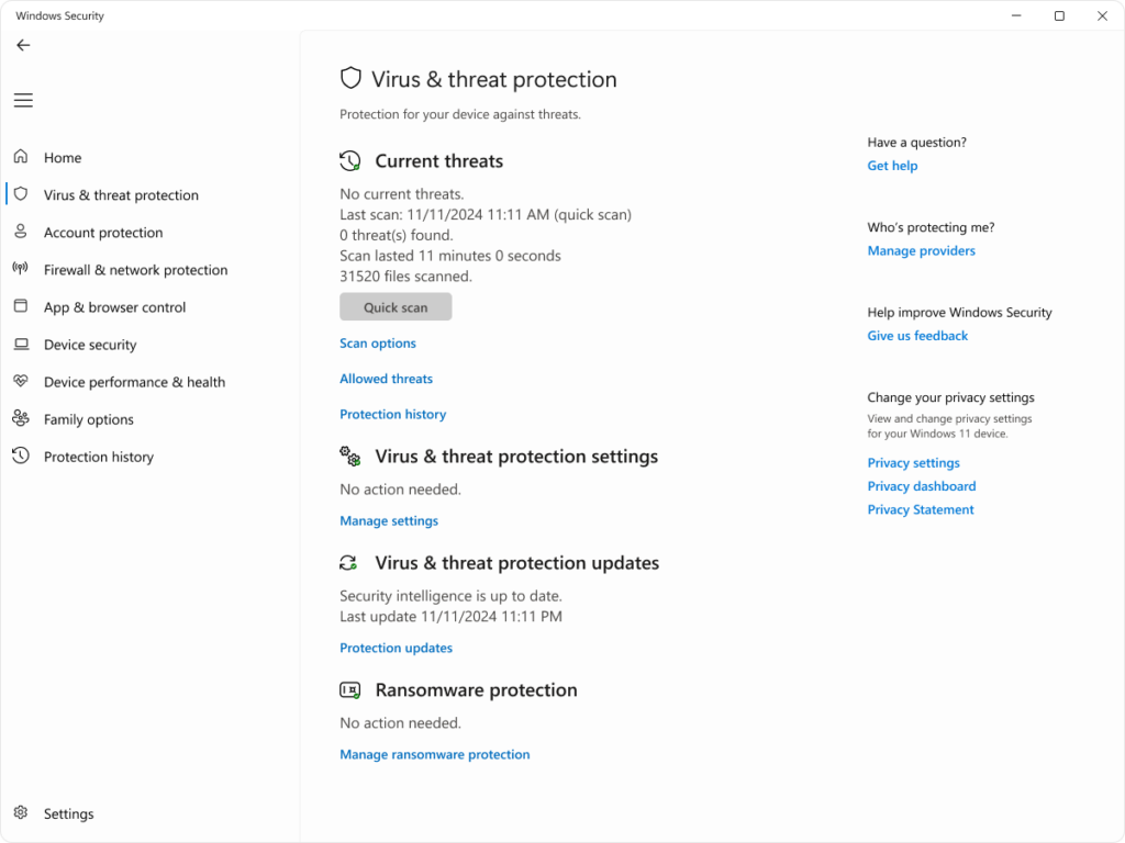 How to Disable Windows Defender on Windows 11 Safely 2 Windows Security Virus & threat protection page in Windows 11.