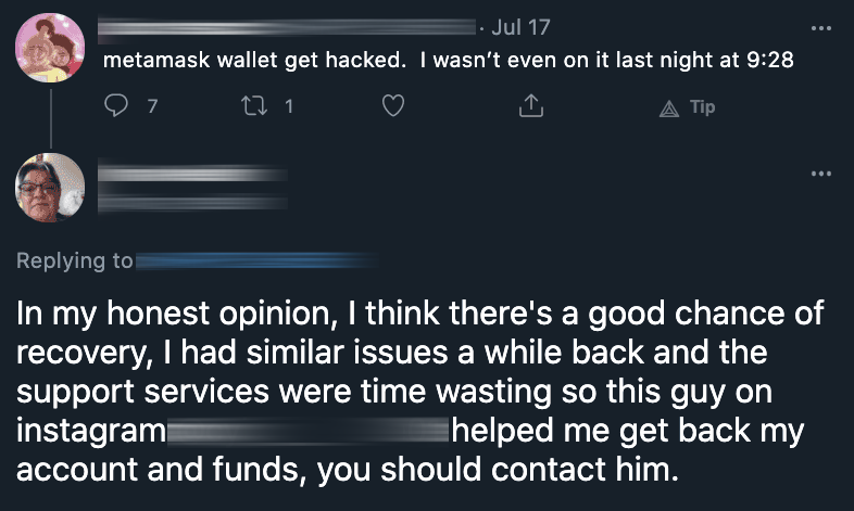 Fake social media reply recommending a crypto recovery agent