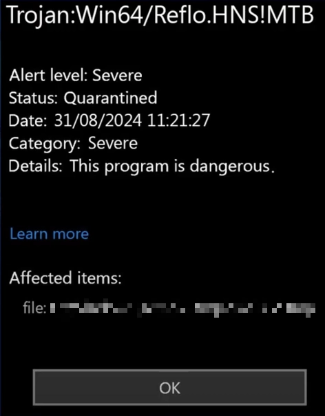Trojan:Win64/Reflo.HNS!MTB 2 Win64/Reflo.HNS!MTB detection popup screenshot