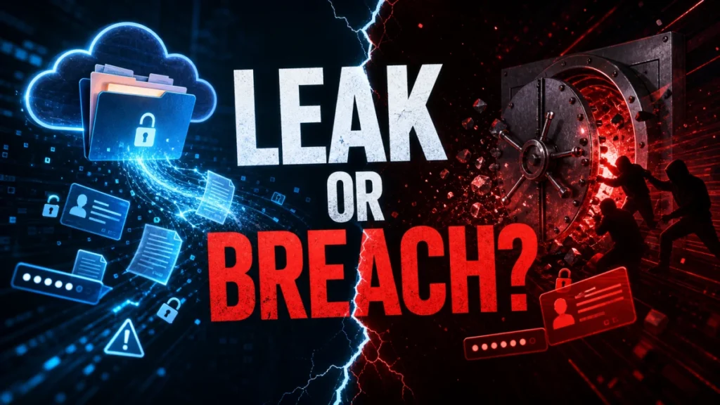 Leak or Breach cybersecurity comparison with exposed cloud files and a breached vault.