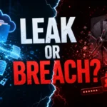 Leak or Breach cybersecurity comparison with exposed cloud files and a breached vault.
