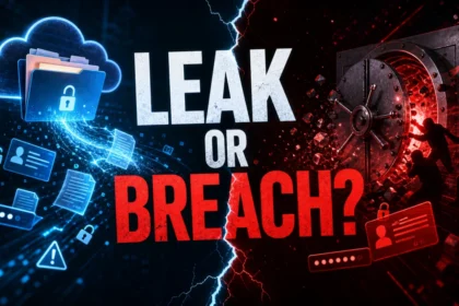 Leak or Breach cybersecurity comparison with exposed cloud files and a breached vault.