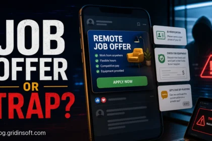 Facebook job scams warning image with blog.gridinsoft.com text.