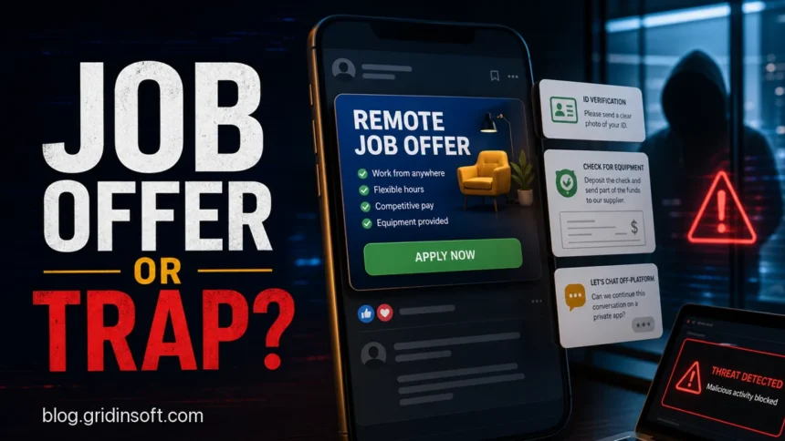 Facebook job scams warning image with blog.gridinsoft.com text.