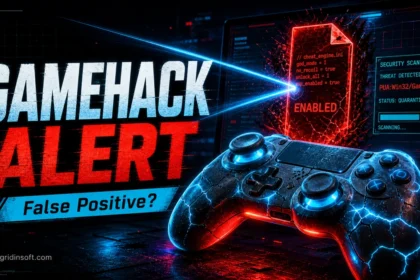 GameHack alert gamer-style warning with a highlighted controller and cheat file.