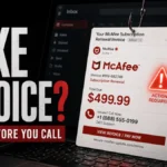 Fake McAfee invoice email caught on a hook with a warning to check before calling.